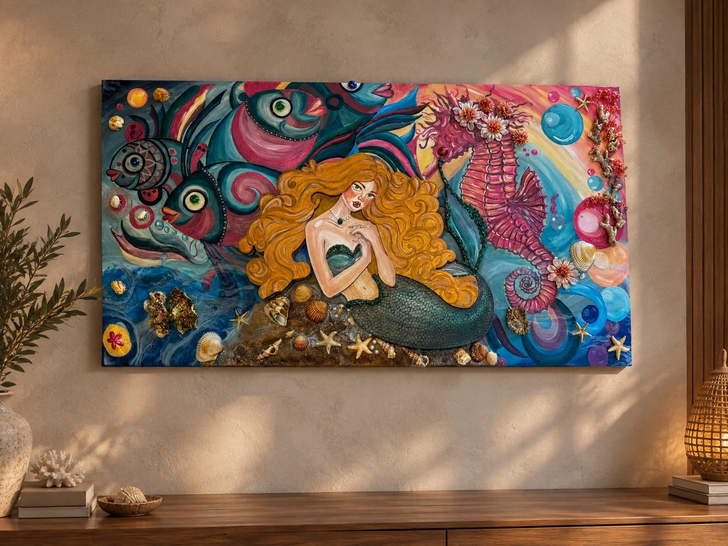 لوحة فنية يدوية مستوحاة من عالم البحر والسحر 🧜‍♀️🌊  قطعة فنية مميزة تجمع بين الرسم الأكريليك والمجسمات والخامات الطبيعية والـ Resin Art، بتصميم مستوحى من عالم حورية البحر وأعماق البحر، في مشهد مليء بالألوان والتفاصيل.  اللوحة مرسومة يدويًا بألوان Acrylic على خشب، مع استخدام خامات بحرية حقيقية مثل الأصداف، نجم البحر والخامات الطبيعية، بالإضافة إلى أجزاء بارزة ومجسمة، وتم تشطيب العمل بطبقة Resin لإعطاء عمق ولمعان وحماية للتفاصيل.