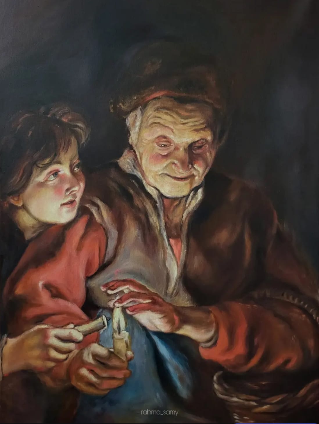Old woman and a boy with candles, an original piece by Rahma Samy Abd-elmoneam