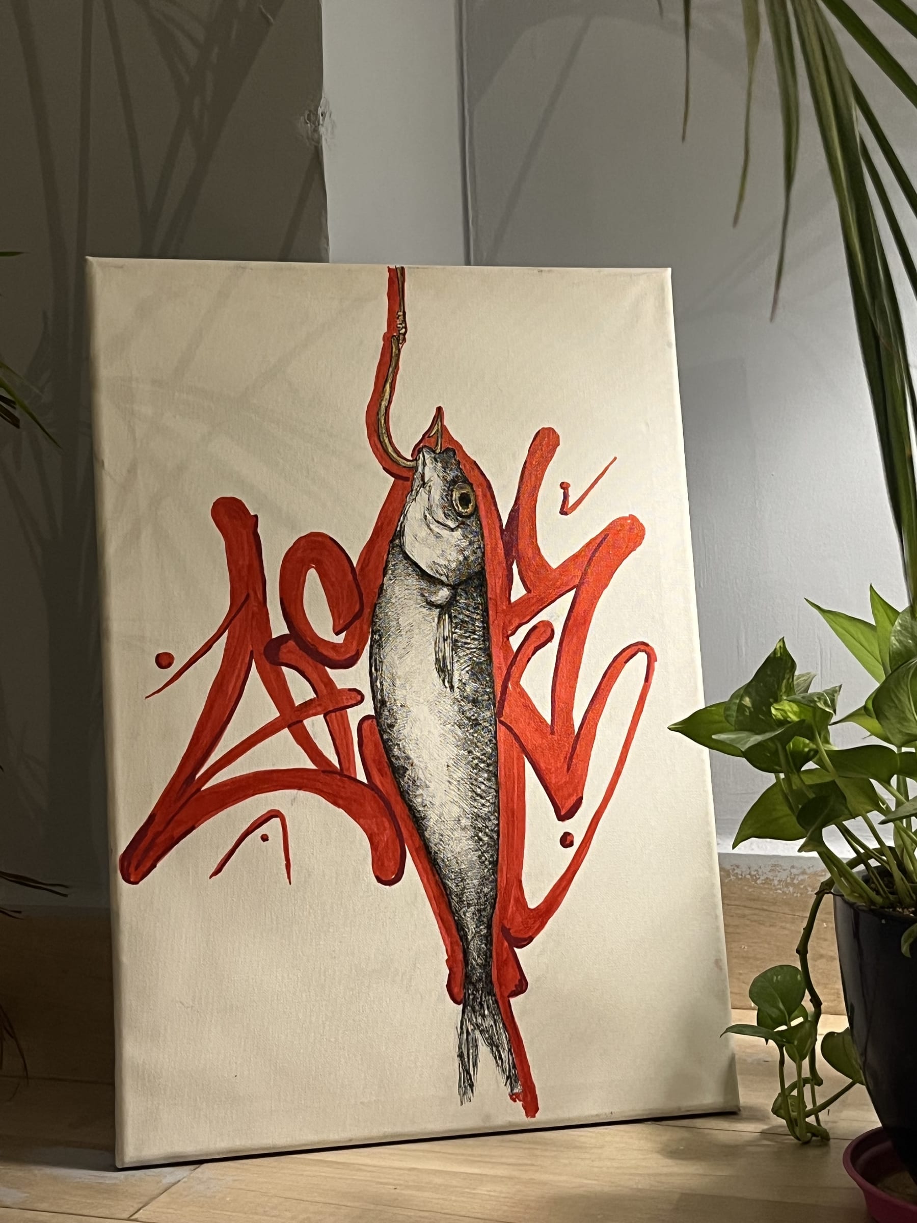 Hooked, an original painting by Aya elnagar, displayed in a collector's home